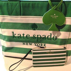 Kate Spade Beach Time Striped XLarge Tote in Green Bean w/ Wristlet & Spade Tag